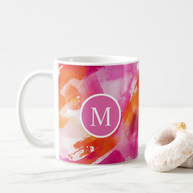 Caneca De Café Aquarela Rosa Laranja Abstrato (Com Donut)