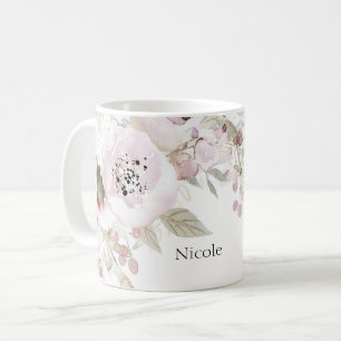 Caneca De Café Aquarela Rosa Suave Elegante Floral Chic Flores