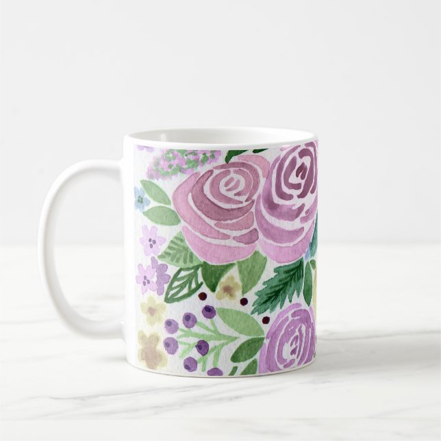 Caneca De Café Aquarela rosas cor-de-rosa flores folhas verdes br (Esquerda)