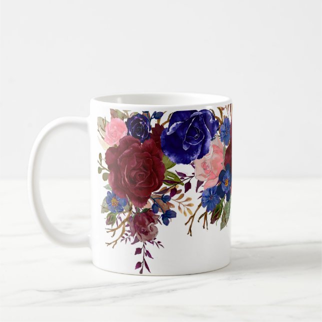 Caneca De Café Aquarela Rosas Flores Burgundy Navy Bonito (Esquerda)