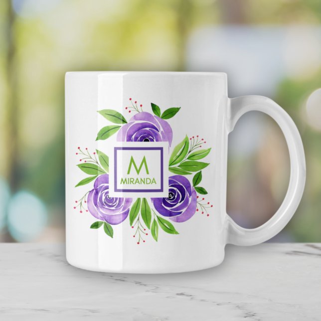 Caneca De Café Aquarela Rosas roxos Monograma personalizado (Criador carregado)