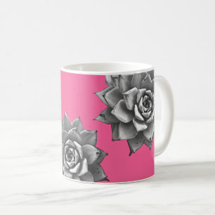 Caneca De Café Aquarela Suculenta Cinza sobre Rosa Vibrante