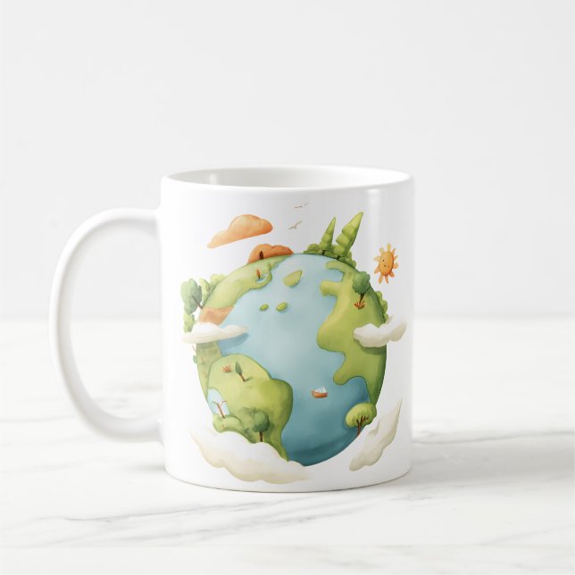 Caneca De Café Aquarela Terra - Cartoon Terra com Elemen Natureza (Esquerda)