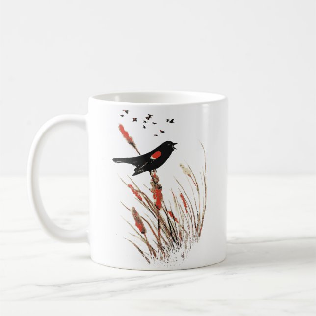 Caneca De Café Aquarela Vermelha com asas negras com aves negras (Esquerda)