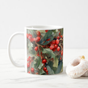 Caneca De Café Aquarela vintage de folhas e frutos de azevinho
