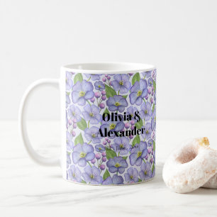 Caneca De Café Aquarela Violetas Roxas & Padrão Floral