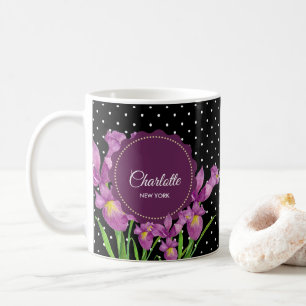 Caneca De Café Aquarelas Purple Iris Bolinhas Pretas