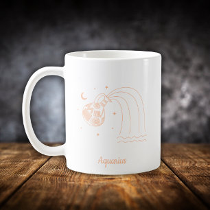 Caneca De Café Aquário Zodíaco Linha Arte Branco Pêssego