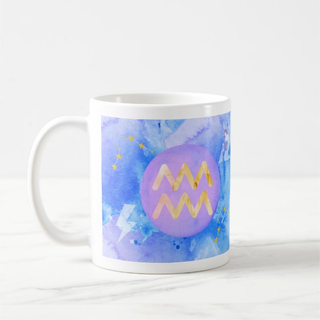 Caneca De Café Aquarius Purple Blue Watercolor Astrologia Zodiac (Esquerda)