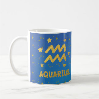 Caneca De Café Aquarius Zodiac Blue e Dourada Astrologia Mug