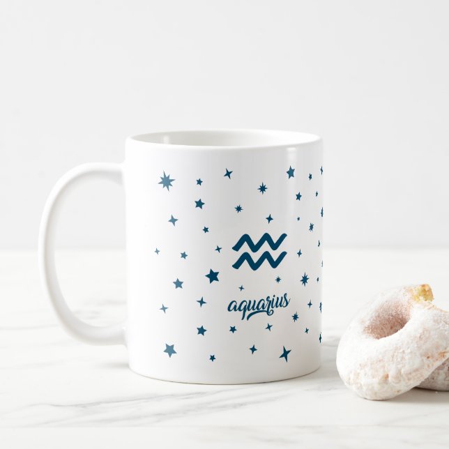 Caneca De Café Aquarius Zodiac - Sinal de Astrologia - Azul Azul  (Com Donut)