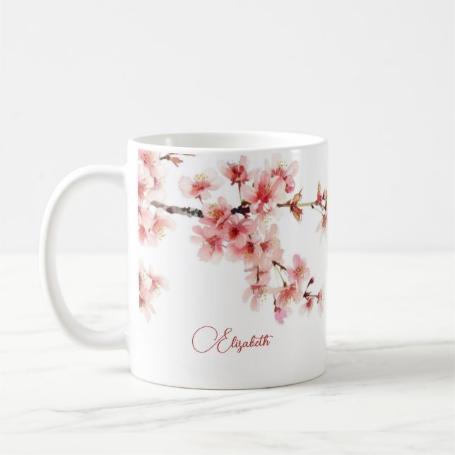 Caneca De Café Aquecida Cereja Flor Seu Nome Monograma Mug (Esquerda)