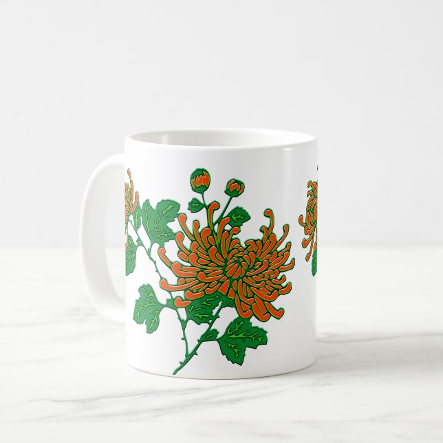 Caneca De Café Aranha-Chinesa - Crisântemos em Laranja-mandarim (Frente Esquerda)
