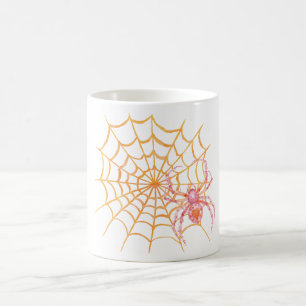 Caneca De Café Aranha Laranja Rosa Groovy na Teia de Halloween