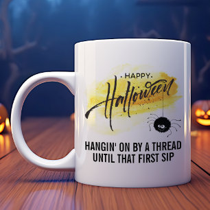Caneca De Café Aranha Preta com Teia de Halloween Personalizável