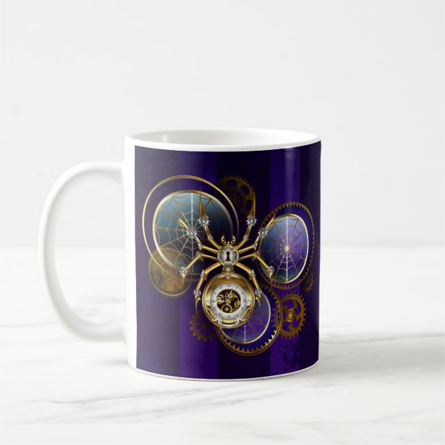 Caneca De Café Aranha Steampunk no fundo roxo (Esquerda)