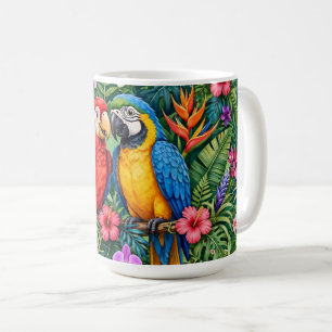 Caneca De Café Araras da Selva Papagaios Alegres Flores Vibrantes