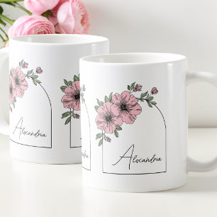 Caneca De Café Arco Botânico Floral Rosa Elegante Letra Preta