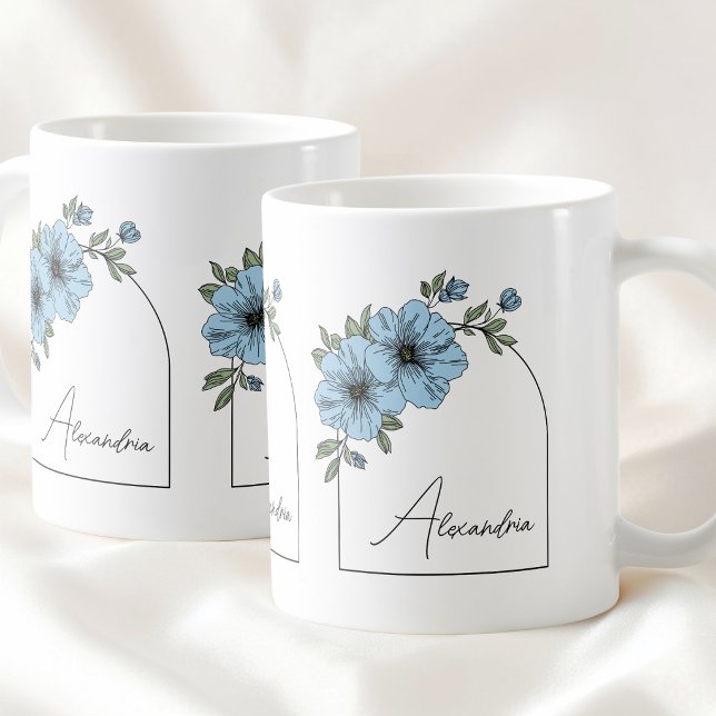 Caneca De Café Arco Botânico Preto Elegante Floral Azul Script (Botanical Arch Black Script Elegant Blue Floral Coffee Mug)