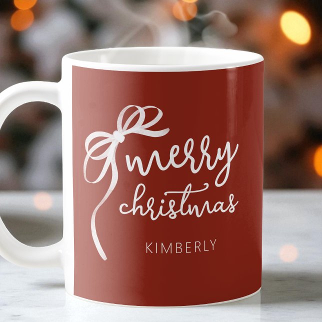 Caneca De Café Arco Elegante de Script Moderno - Feliz Natal (Modern Script Elegant Bow Red Merry Christmas Coffee Mug)