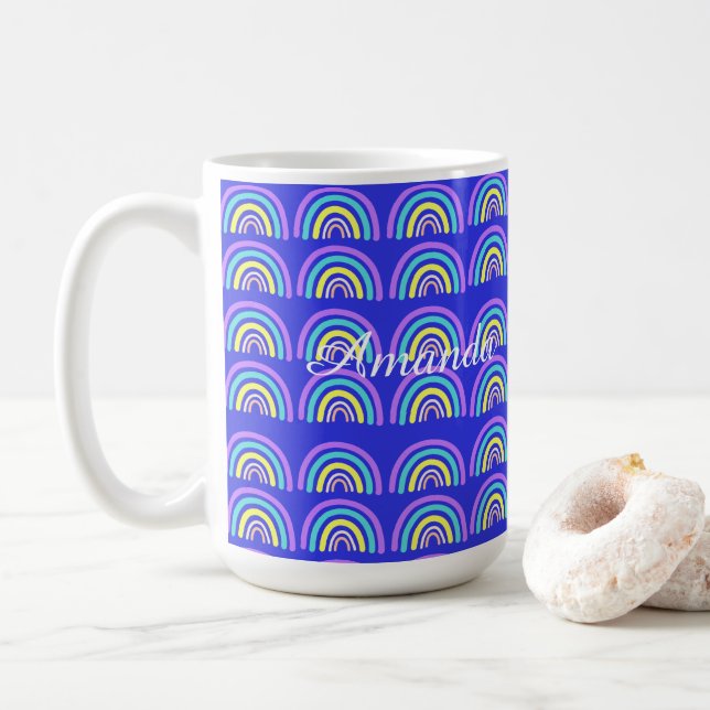 Caneca De Café Arco-íris Amarelo, azul e púrpura (Com Donut)