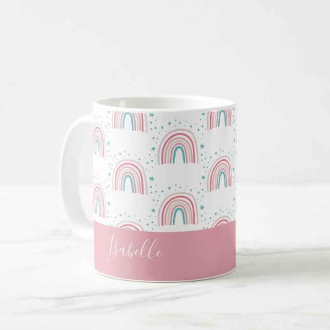 Caneca De Café Arco-íris aqua, rosa-cinza, personalizado moderno (Frente Esquerda)