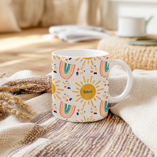 Caneca De Café Arco-íris Boho Retro Amanhecer Sunshine Aquarela