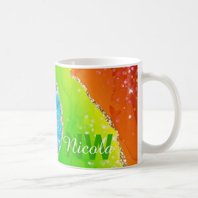 Caneca De Café Arco-íris Brilhante & Monograma de Ágata com Brilh (Direita)