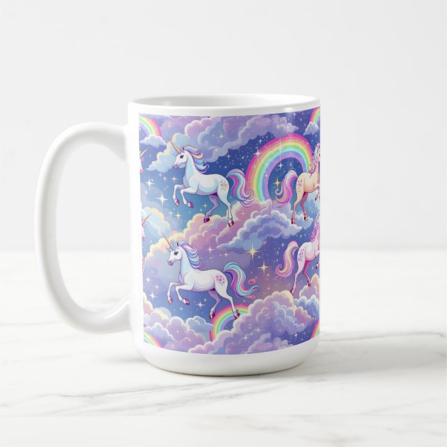 Caneca De Café Arco-íris cintilante e unicórnios nas nuvens (Esquerda)