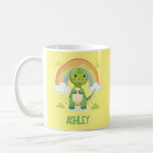 Caneca De Café Arco-Íris Colorido Dino Com Nome De Criança
