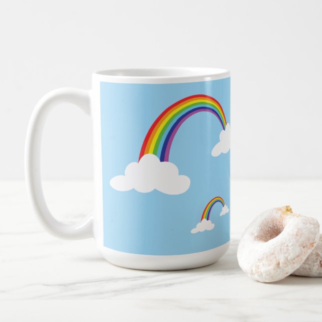 Caneca De Café Arco-íris e nuvens em um céu claro (Com Donut)