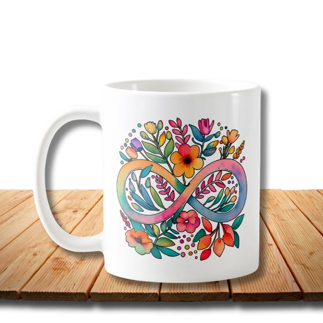 Caneca De Café Arco-Íris Infinito Flores de Aquarela Autismo (Criador carregado)
