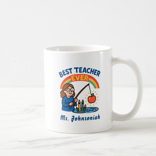 Caneca De Café Arco-íris Professora Pescando Maçã Melhor Professo (Direita)