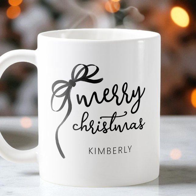 Caneca De Café Arco Moderno de Script Branco e Preto Feliz Natal (Black and White Script Modern Bow Merry Christmas Coffee Mug)