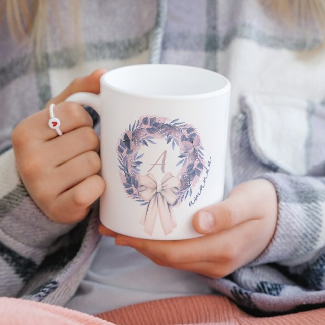 Caneca De Café Arco personalizado Pastel Monograma Mug Winter Flo (Criador carregado)