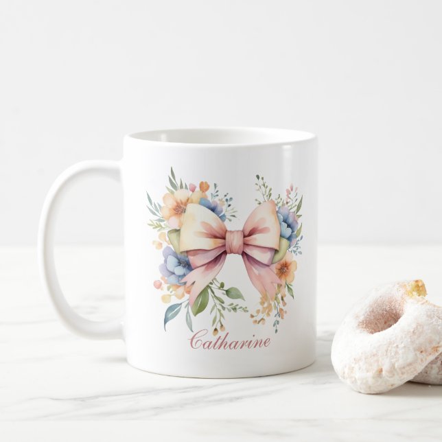 Caneca De Café Arco Rosa Monograma Coquette Aquarela Flores (Com Donut)