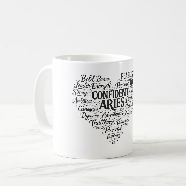 Caneca de Café Áries | Nuvem de Palavras do Zodíac (Frente Esquerda)