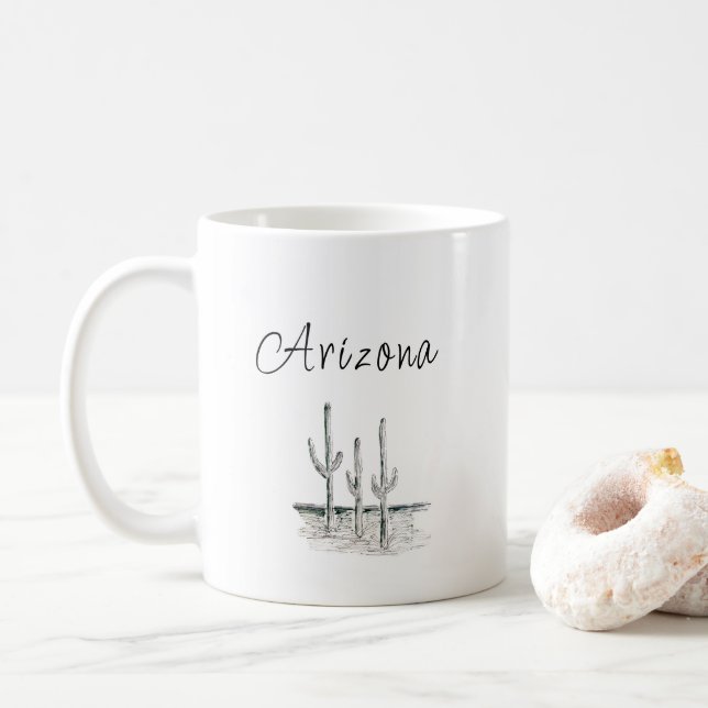 Caneca De Café Arizona do Deserto Cactus, Branco Negro Sudoeste (Com Donut)