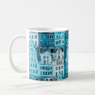 Caneca De Café Arquitetura de Amsterdã, textura azul de aquarela.