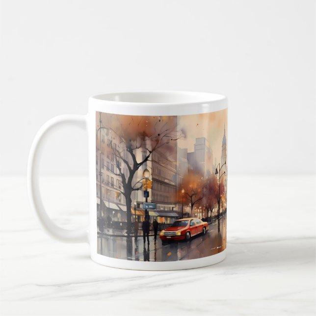 Caneca De Café Arranha-céus, Lanterna de Rua e uma Chuva (Esquerda)