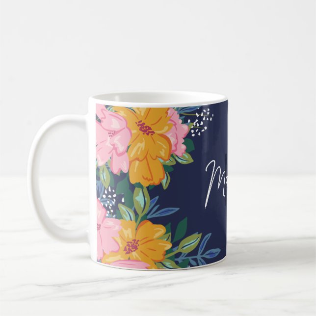 Caneca De Café Arranjo Floral Moderno Rosa e Amarelo com Monogram (Esquerda)