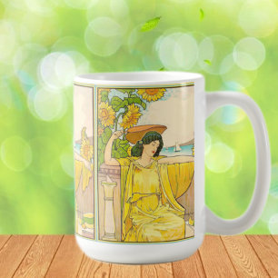 Caneca De Café Art Nouveau Mulher com Girassóis