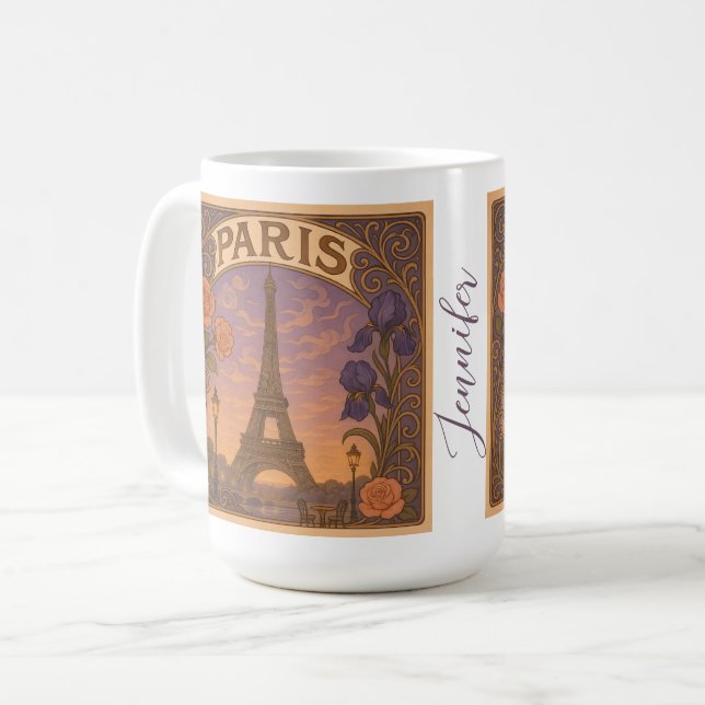 Caneca De Café Art Nouveau Paris Eiffel Tower Floral Nome Persona (Frente Esquerda)
