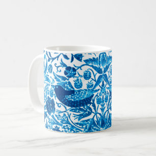 Caneca De Café Art Nouveau Pássaro e Flor Tapeçaria, Azul e Branc