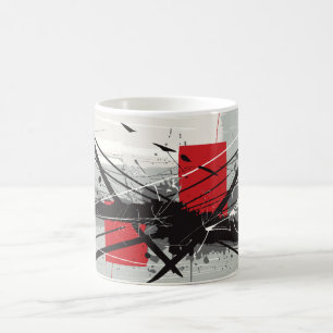 Caneca De Café Arte Abstrata com Blocos Vermelhos & Traços Pretos