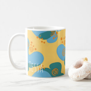 Caneca De Café Arte Abstrata Funky Retro em Azul Turquesa e Amare