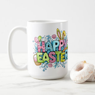 Caneca De Café Arte Alegre de Páscoa com Orelhas de Coelho e Flor