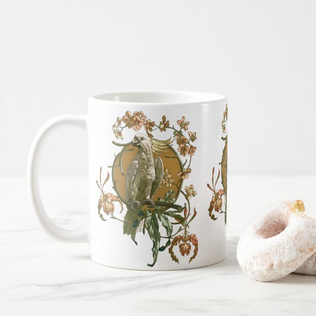 Caneca De Café Arte Antiga Moderna, Ave Cacatua, Flores de Orquíd (Com Donut)