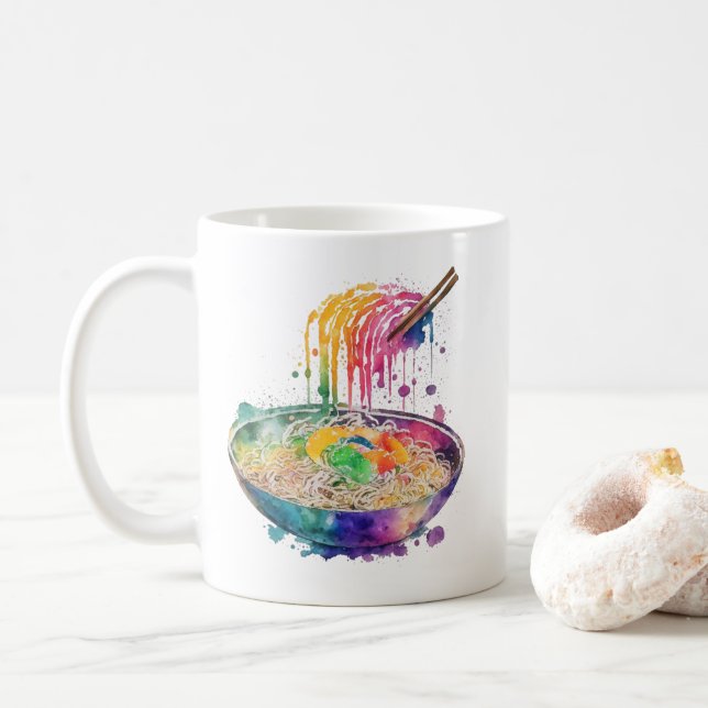 Caneca De Café Arte Arco-Íris Ramen Noodles e Chopsticks (Com Donut)