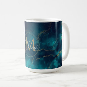 Caneca De Café Arte Azul Dourada com Álcool Profundo Oceano Azul